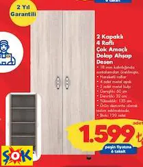 2 KAPAKLI 4 RAFLI ÇOK AMAÇLI DOLAP AHŞAP DESEN